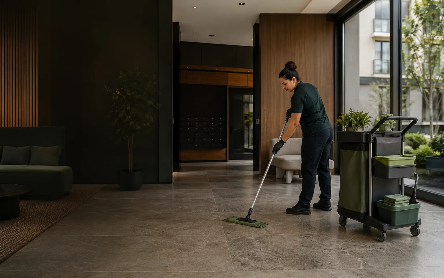 Profissional de limpeza em um saguão de prédio, no site da Nature Fresh Cleaning